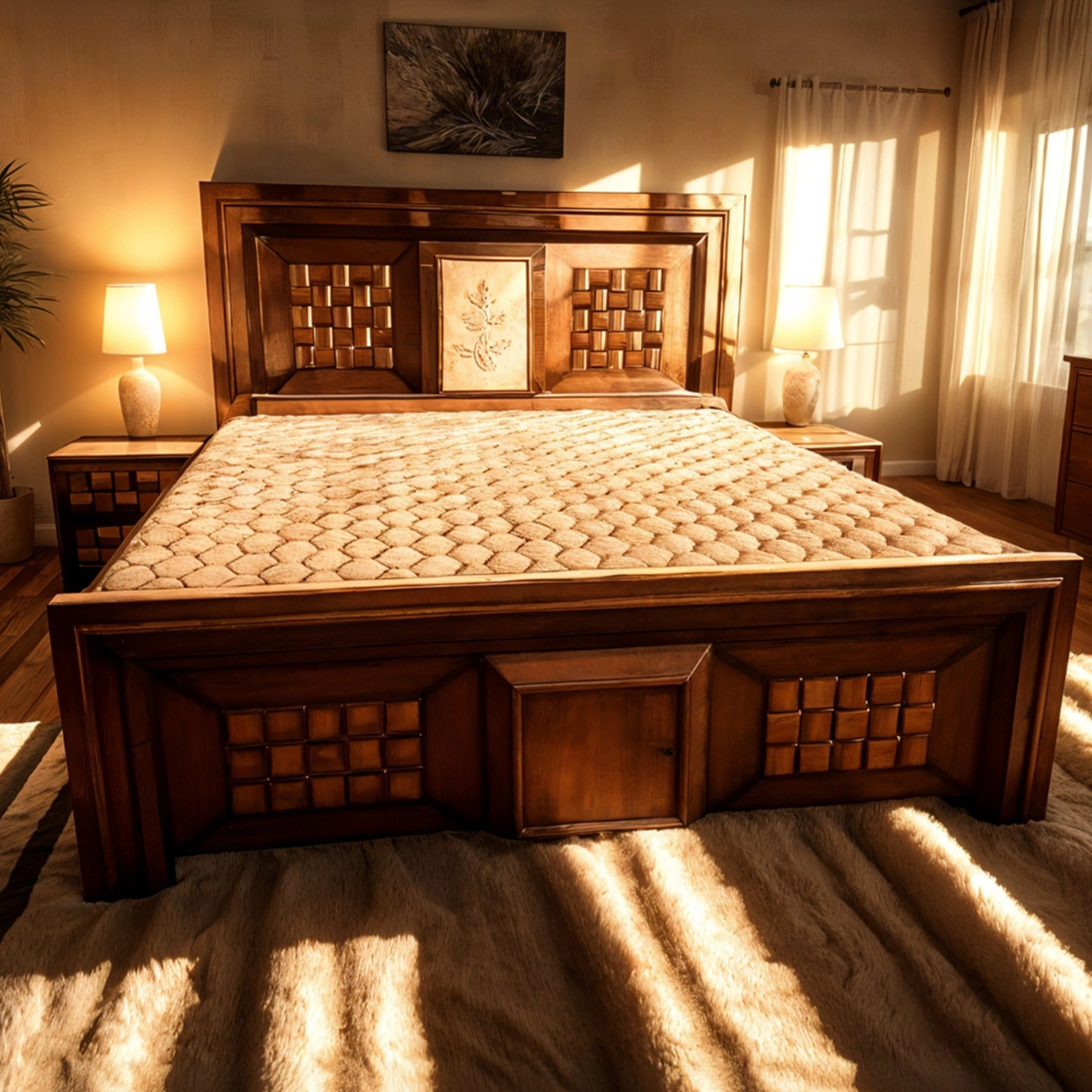 Elegant Solid Wood Bed with Carved Floral Panel & Grid Accents